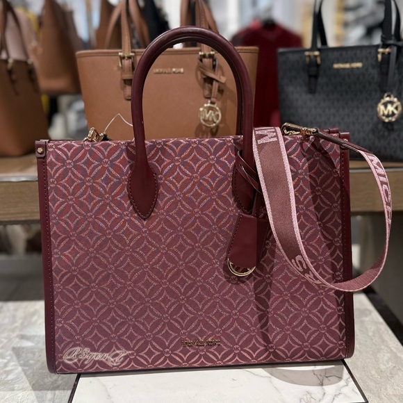 Michael Kors Mirella Medium MK Logo Jacquard EW Tote Crossbody Handbag Purse - Picture 1 of 8